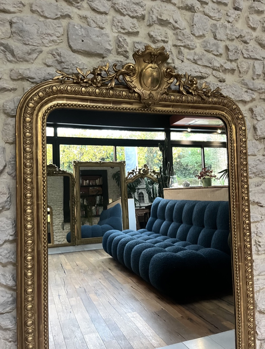 Miroir ancien 148,5/89cm Louis-Philippe à fronton et perlé doré à la feuille d’or trumeau -photo-3