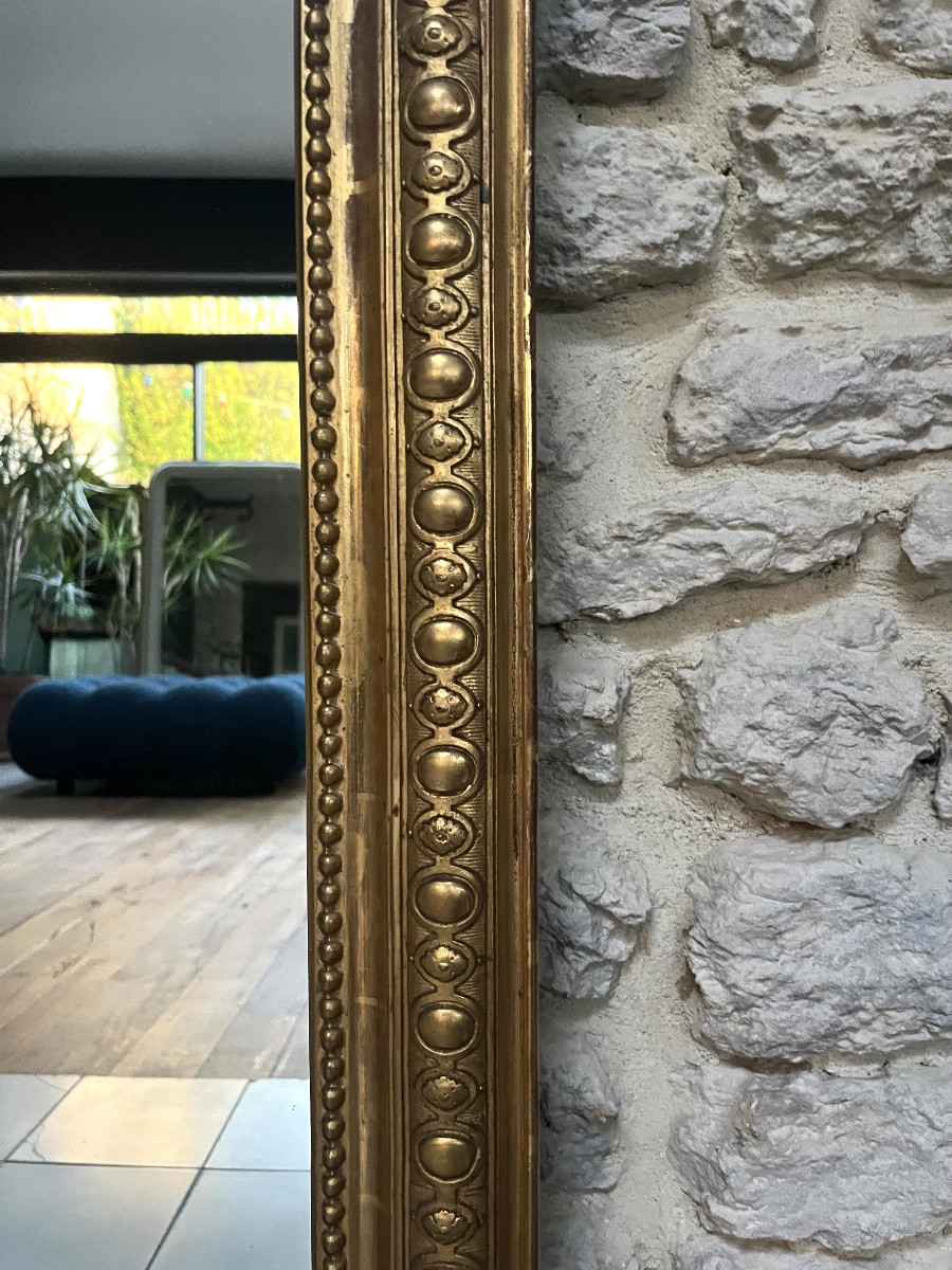 Miroir ancien 148,5/89cm Louis-Philippe à fronton et perlé doré à la feuille d’or trumeau -photo-4