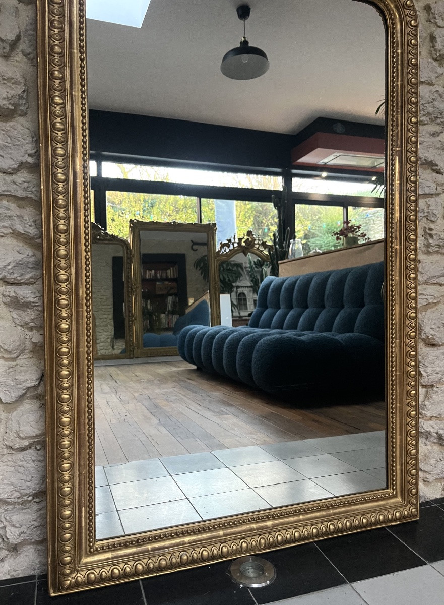 Miroir ancien 148,5/89cm Louis-Philippe à fronton et perlé doré à la feuille d’or trumeau -photo-3