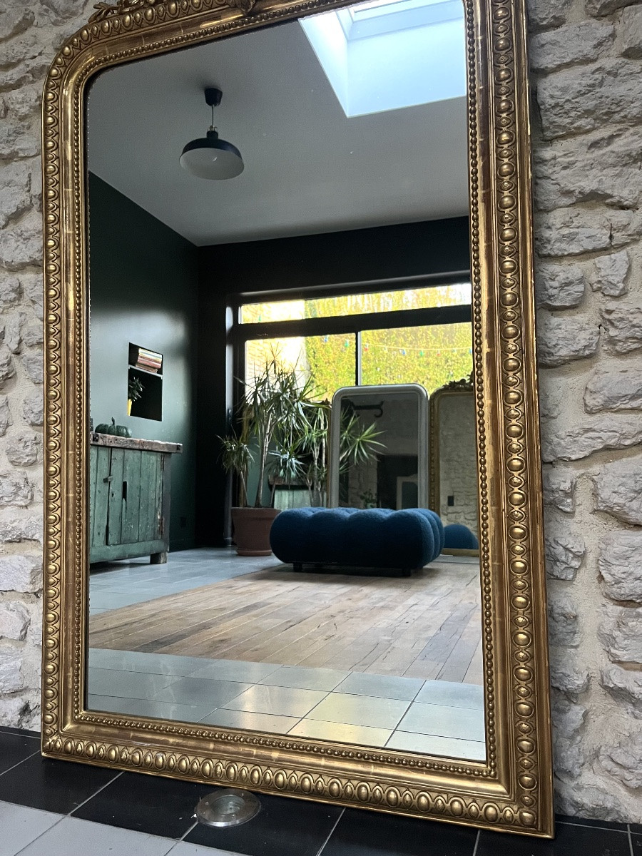 Miroir ancien 148,5/89cm Louis-Philippe à fronton et perlé doré à la feuille d’or trumeau -photo-5