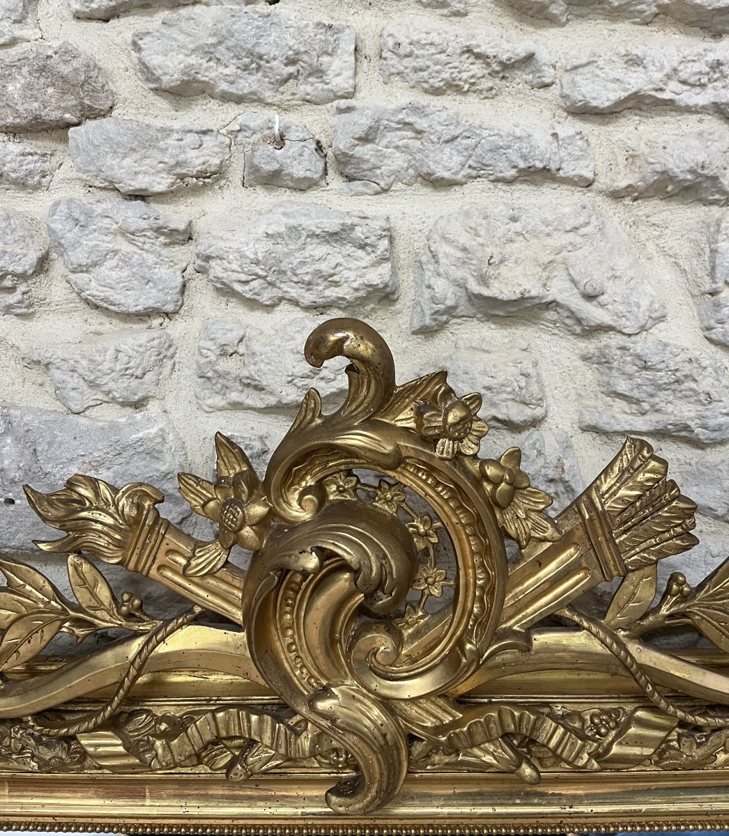 Miroir ancien 161,5/93cm Napoléon III à fronton et perlé doré à la feuille d’or, trumeau-photo-3
