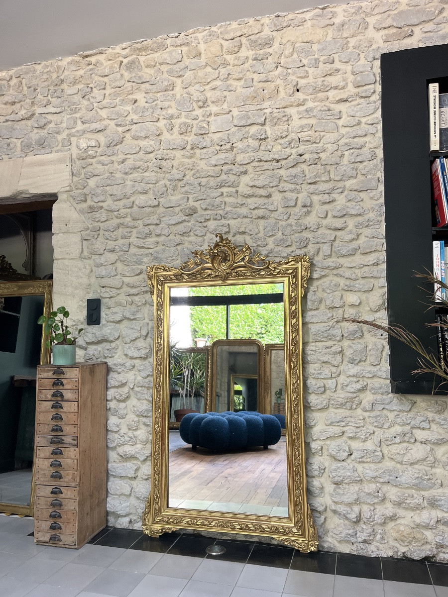 Miroir ancien 161,5/93cm Napoléon III à fronton et perlé doré à la feuille d’or, trumeau-photo-4