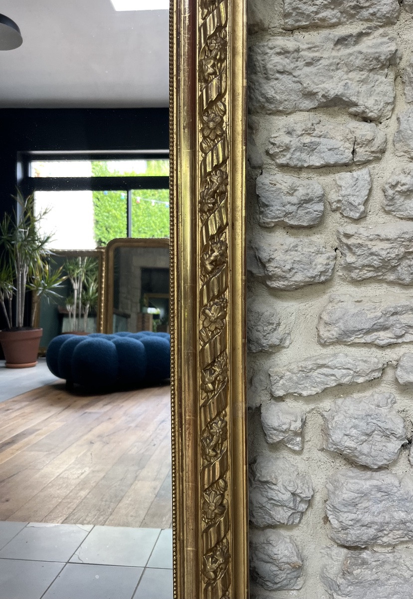 Miroir ancien 161,5/93cm Napoléon III à fronton et perlé doré à la feuille d’or, trumeau-photo-1