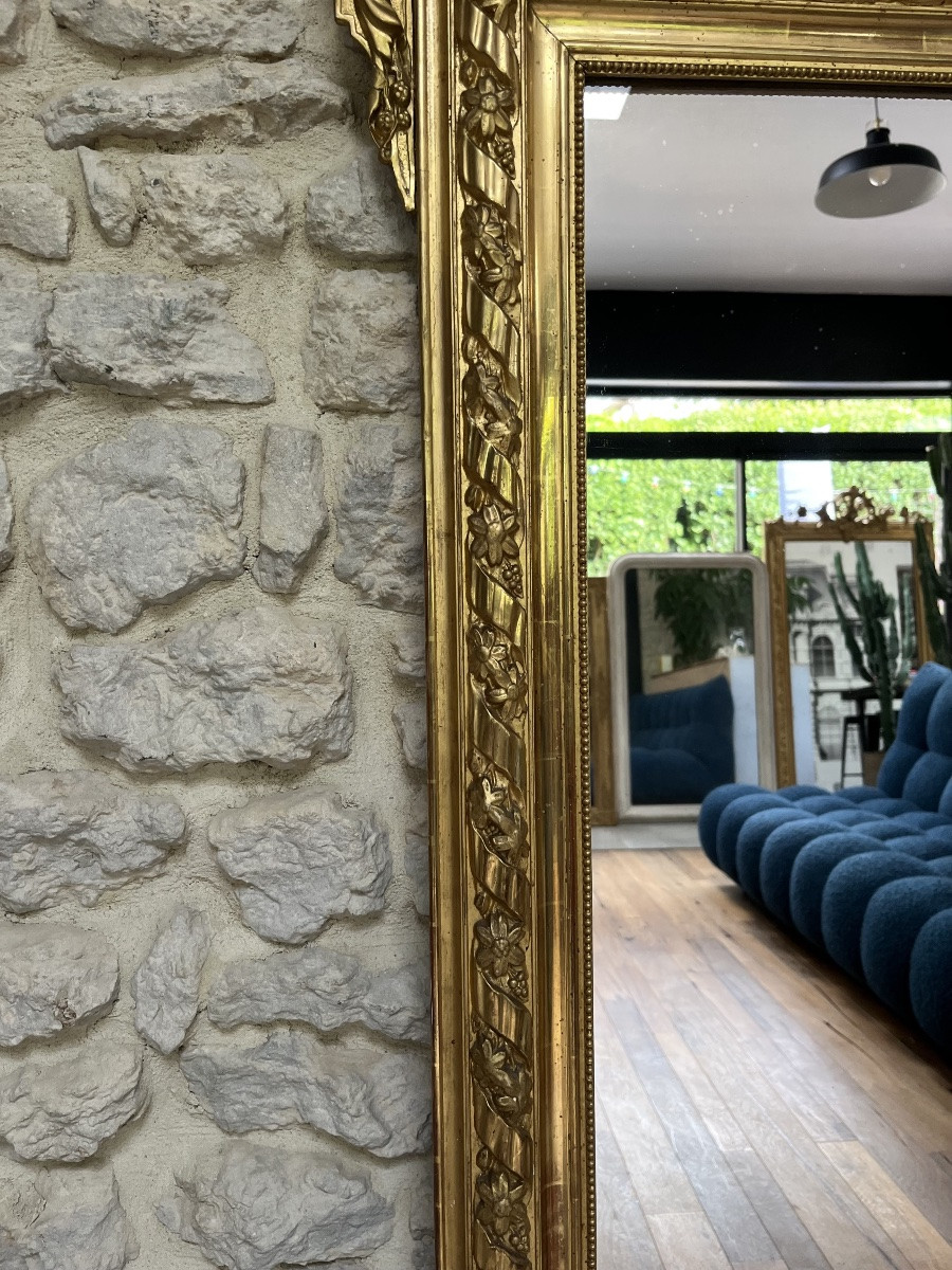 Miroir ancien 161,5/93cm Napoléon III à fronton et perlé doré à la feuille d’or, trumeau-photo-3