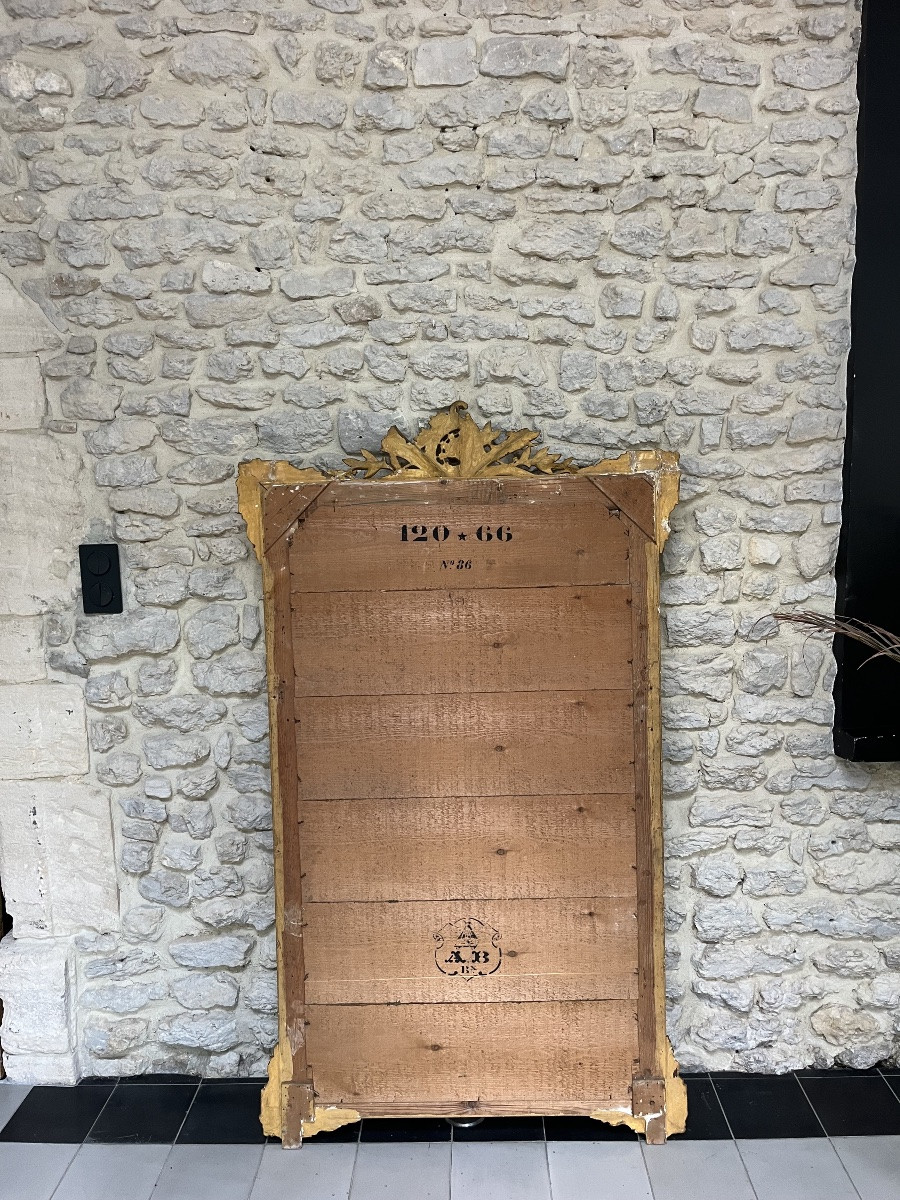 Miroir ancien 161,5/93cm Napoléon III à fronton et perlé doré à la feuille d’or, trumeau-photo-8