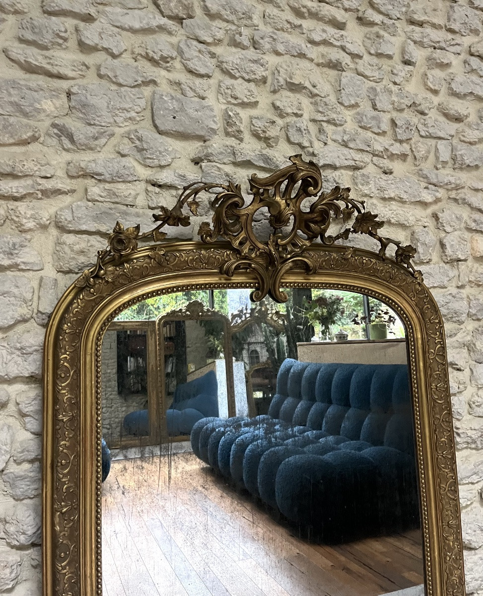 Miroir ancien 140,5/97,5cm Louis-Philippe à fronton et perlé , glace au mercure trumeau -photo-3