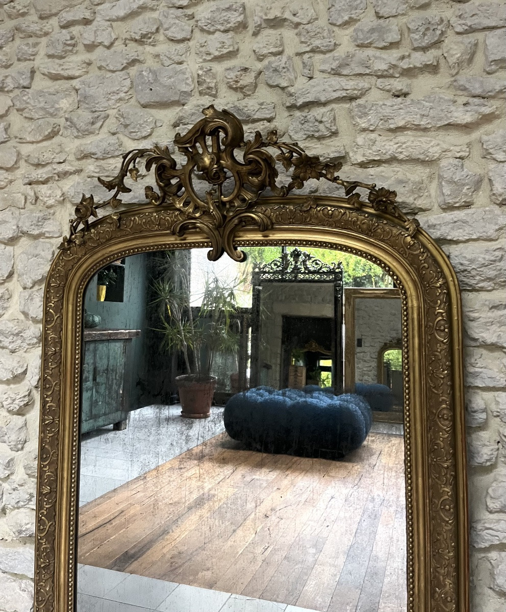 Miroir ancien 140,5/97,5cm Louis-Philippe à fronton et perlé , glace au mercure trumeau -photo-1