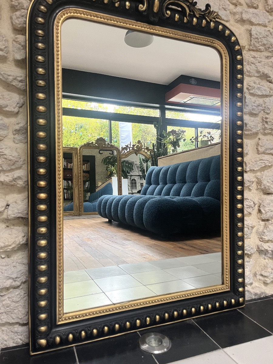 Miroir ancien 120/77cm Louis-Philippe à fronton et perlé époque Napoléon III, trumeau cheminée -photo-2