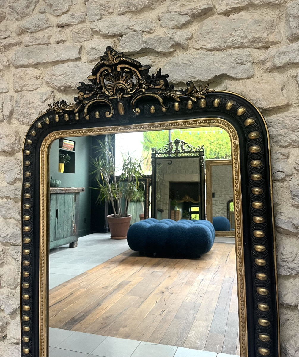 Miroir ancien 120/77cm Louis-Philippe à fronton et perlé époque Napoléon III, trumeau cheminée -photo-3