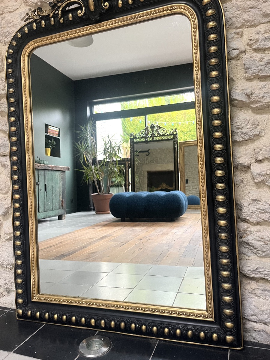Miroir ancien 120/77cm Louis-Philippe à fronton et perlé époque Napoléon III, trumeau cheminée -photo-4