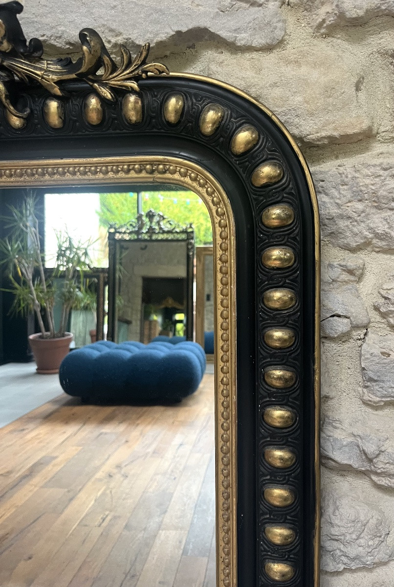 Miroir ancien 120/77cm Louis-Philippe à fronton et perlé époque Napoléon III, trumeau cheminée -photo-5