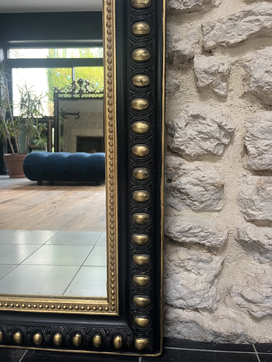 Miroir ancien 120/77cm Louis-Philippe à fronton et perlé époque Napoléon III, trumeau cheminée -photo-7