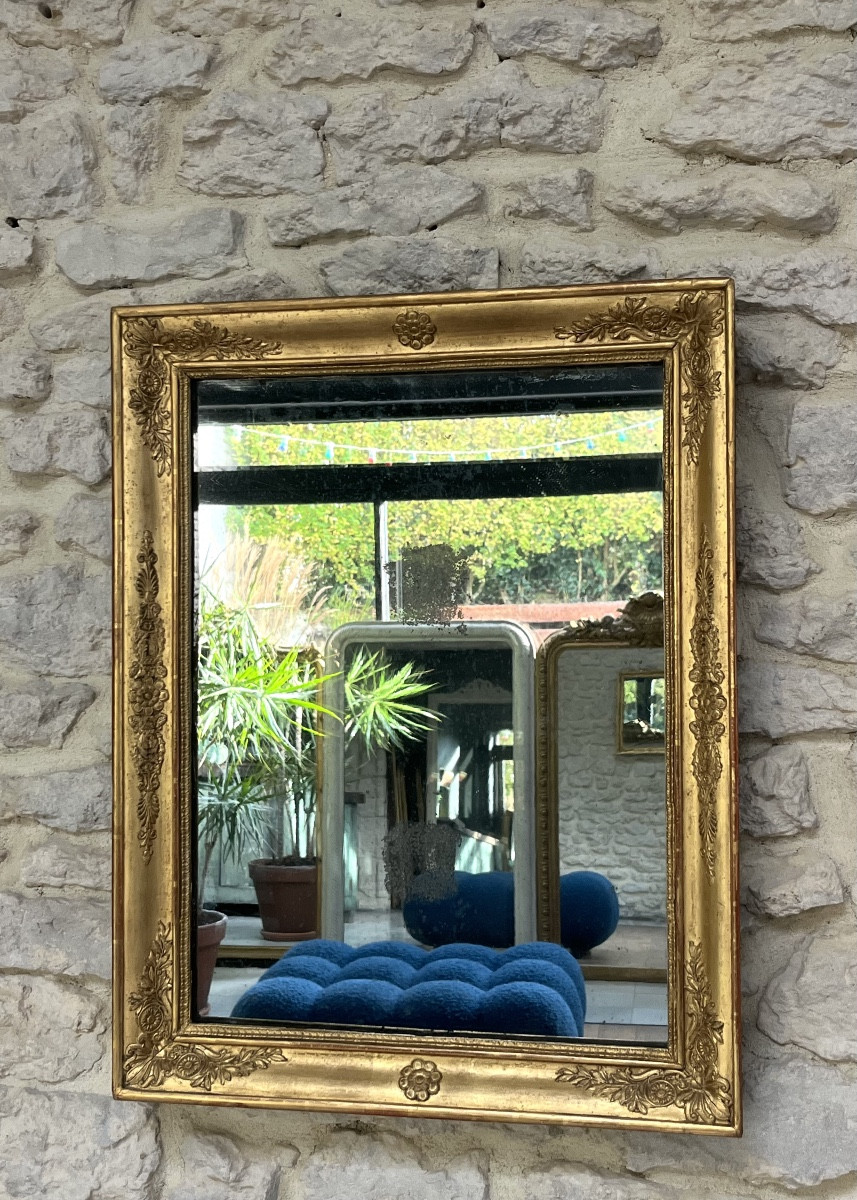 Antique Mirror, 61/47.5cm, Restoration Period, Gilded With Gold Leaf, Mercury Glass With Pitting 