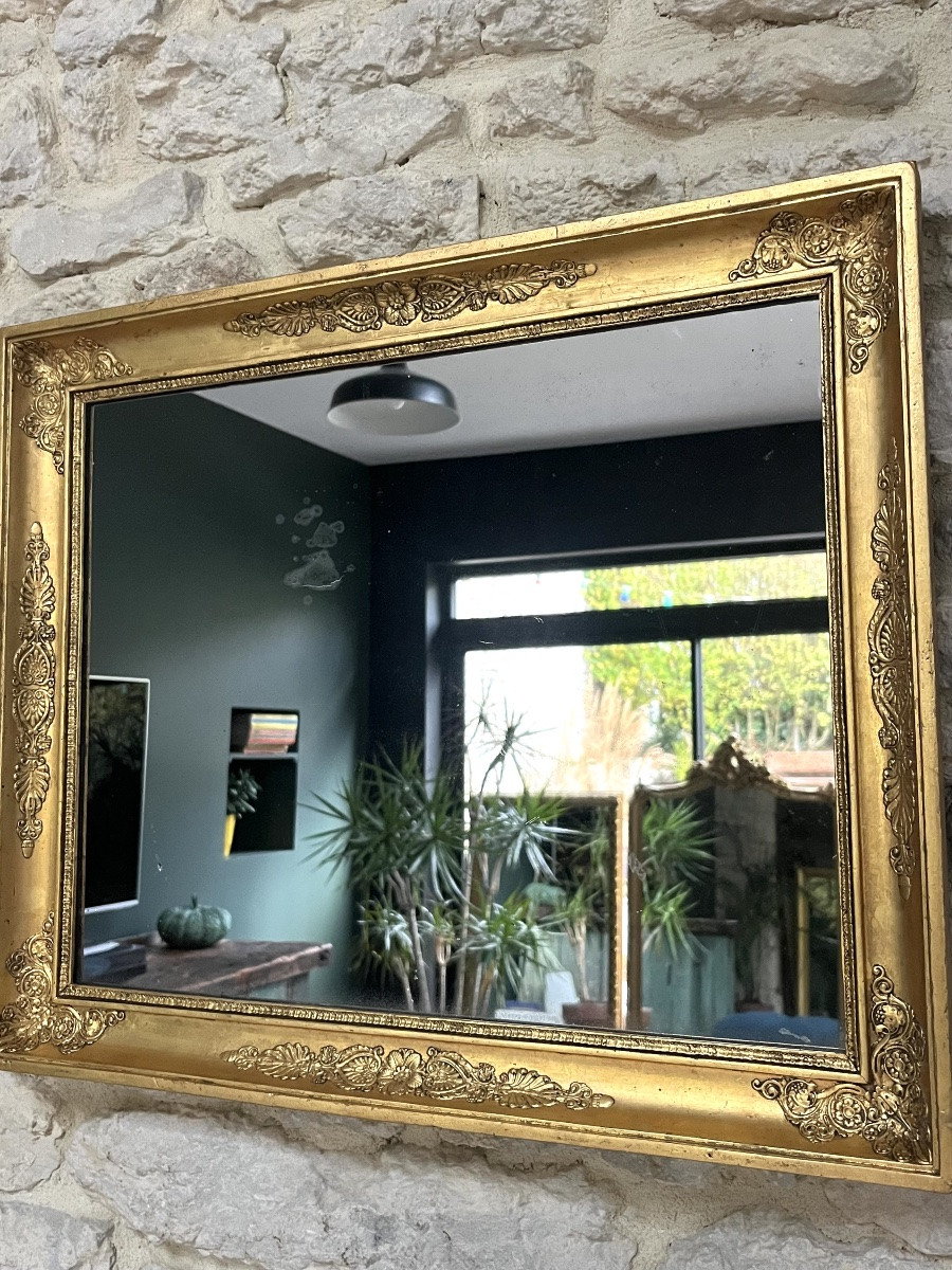 Miroir ancien 61,5/51cm  doré à la feuille d’or à décors palmettes, glace mercure, empire -photo-4