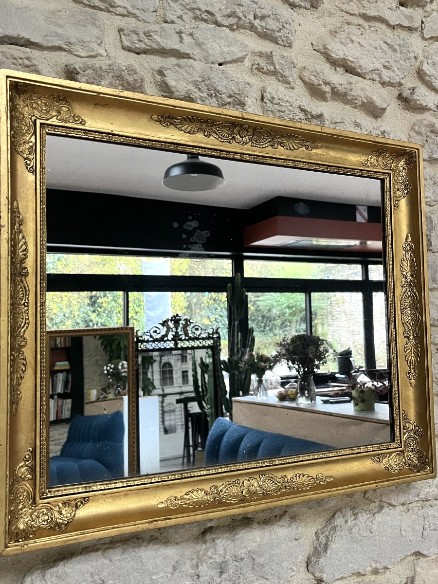 Miroir ancien 61,5/51cm  doré à la feuille d’or à décors palmettes, glace mercure, empire -photo-3
