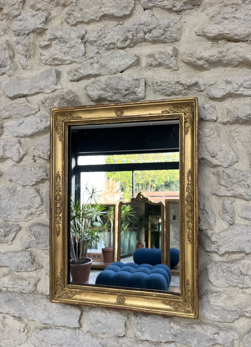 Miroir ancien 45/33,5cm époque restauration décors palmettes, glace mercure et piquée, empire 