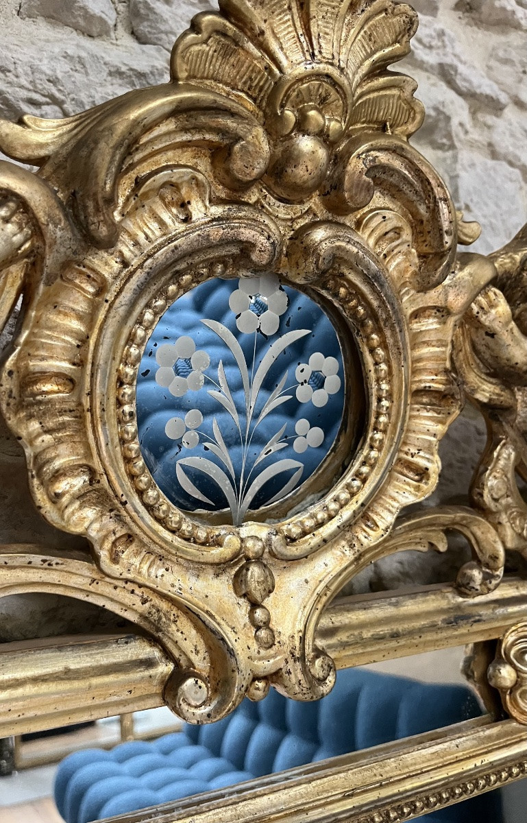 Antique Mirror, 163.5/85cm, With A Frame Adorned With Angels And Gilded Beading, Silver Leaf. -photo-3