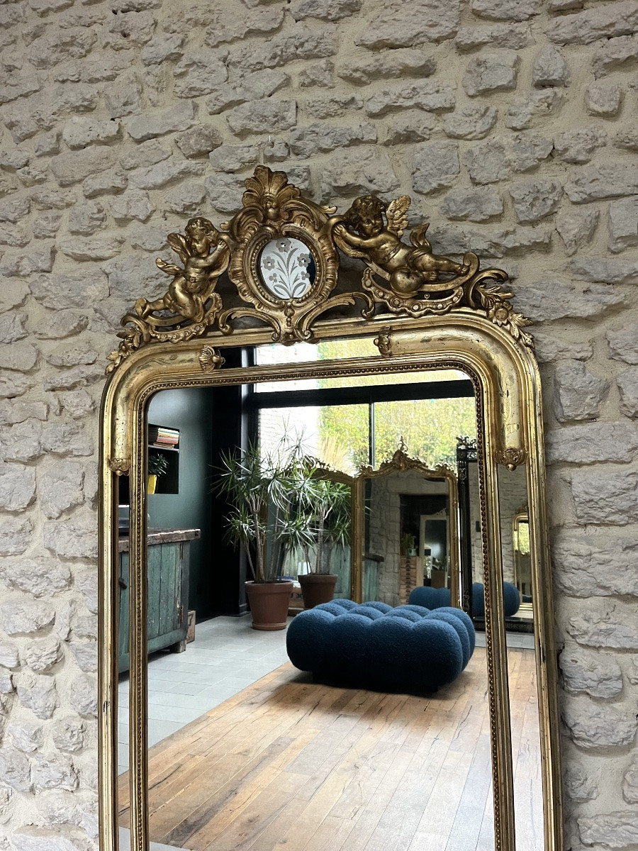 Antique Mirror, 163.5/85cm, With A Frame Adorned With Angels And Gilded Beading, Silver Leaf. -photo-1