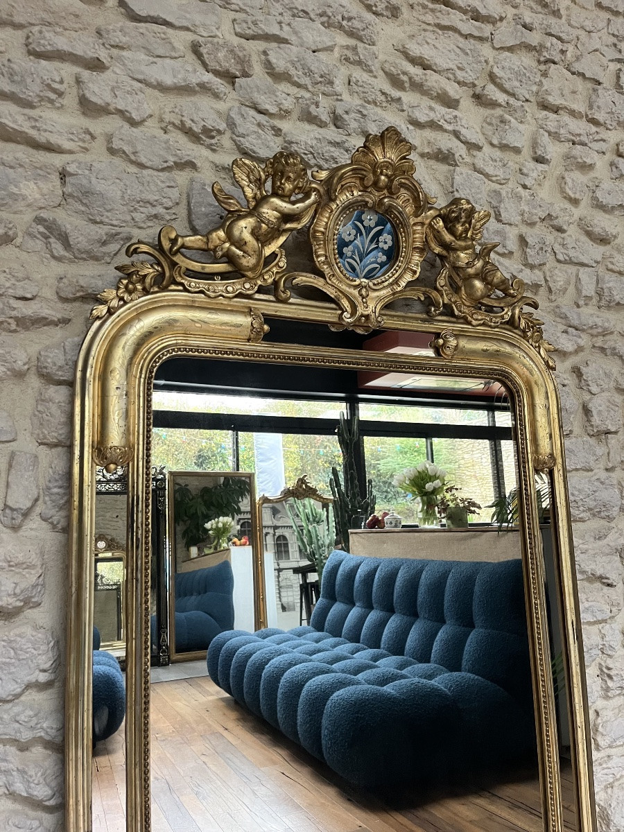 Antique Mirror, 163.5/85cm, With A Frame Adorned With Angels And Gilded Beading, Silver Leaf. -photo-2