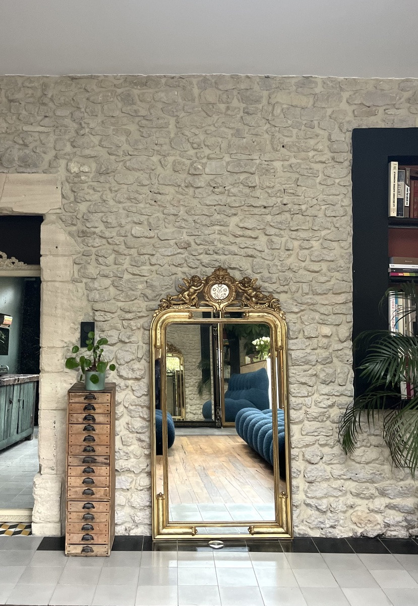 Antique Mirror, 163.5/85cm, With A Frame Adorned With Angels And Gilded Beading, Silver Leaf. -photo-3