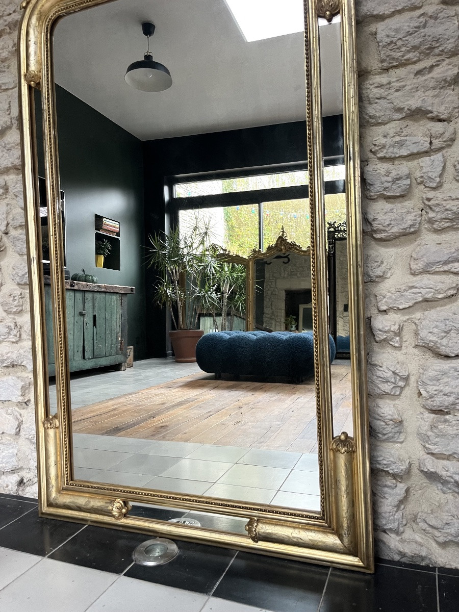 Antique Mirror, 163.5/85cm, With A Frame Adorned With Angels And Gilded Beading, Silver Leaf. -photo-5