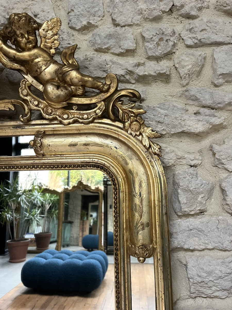 Antique Mirror, 163.5/85cm, With A Frame Adorned With Angels And Gilded Beading, Silver Leaf. -photo-6