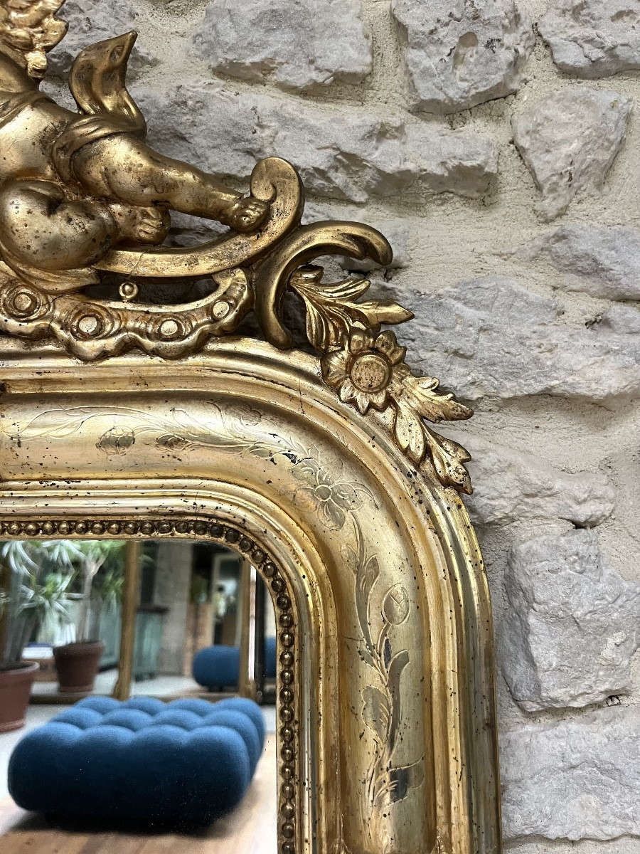 Antique Mirror, 163.5/85cm, With A Frame Adorned With Angels And Gilded Beading, Silver Leaf. -photo-7