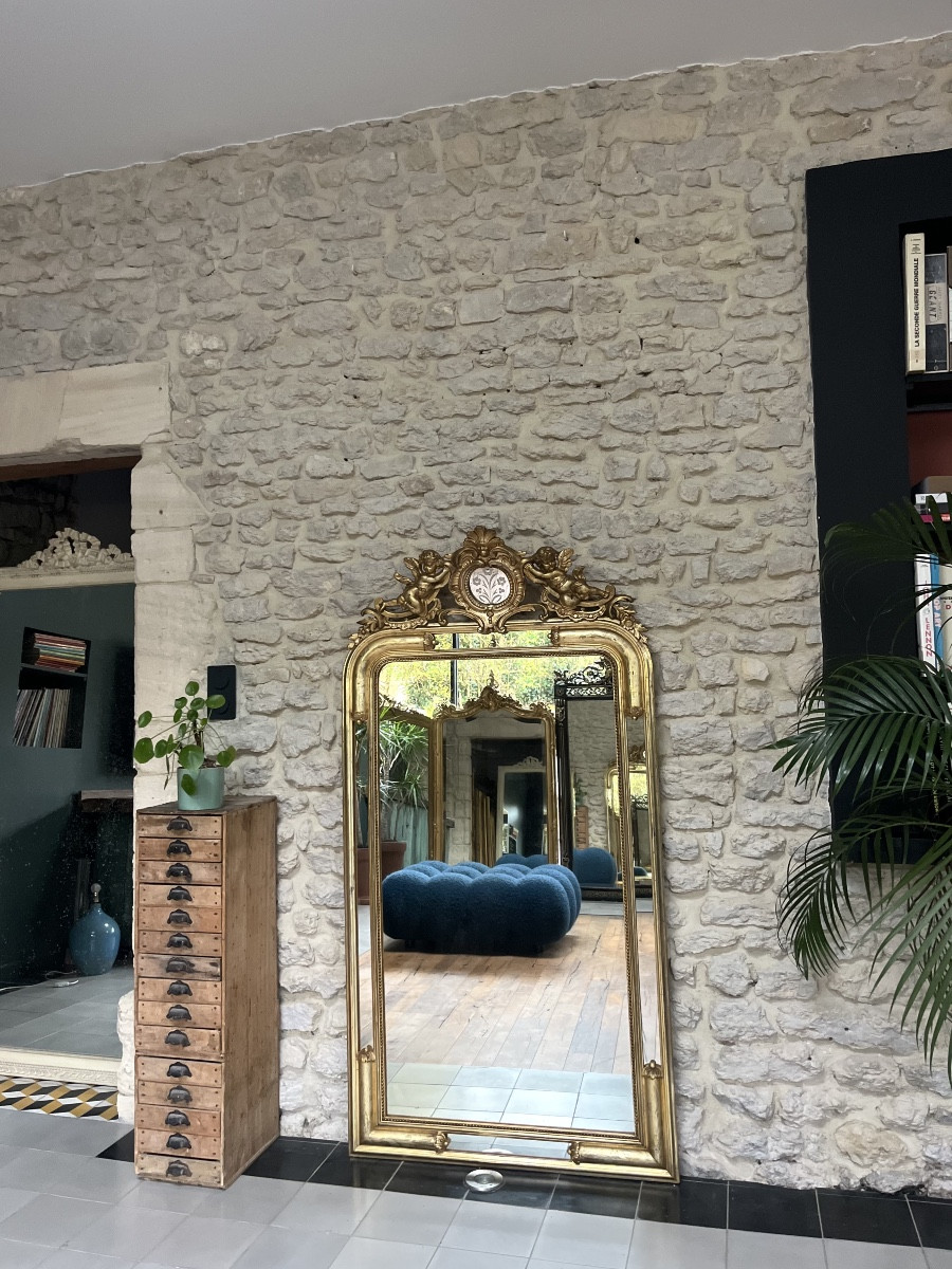 Antique Mirror, 163.5/85cm, With A Frame Adorned With Angels And Gilded Beading, Silver Leaf. 