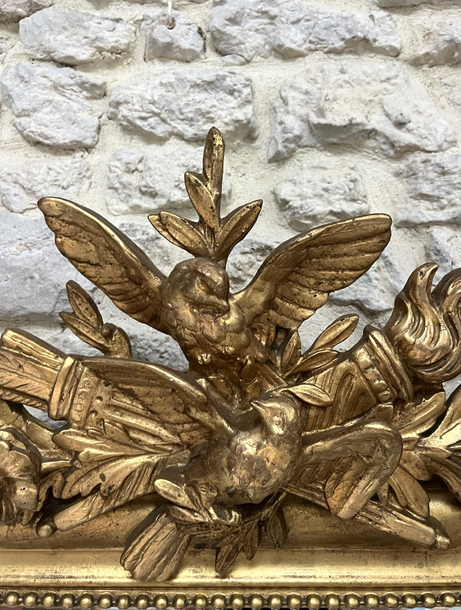 Antique Louis-philippe Mirror, 156.5/83.5cm, With A Pediment Decorated With Birds And Beading, Mantelpiece-photo-2