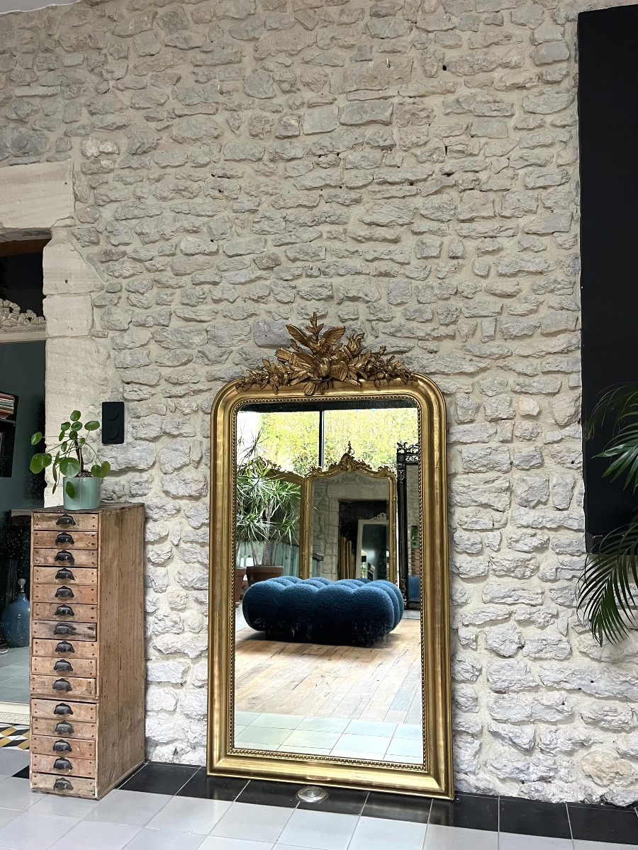 Antique Louis-philippe Mirror, 156.5/83.5cm, With A Pediment Decorated With Birds And Beading, Mantelpiece-photo-4