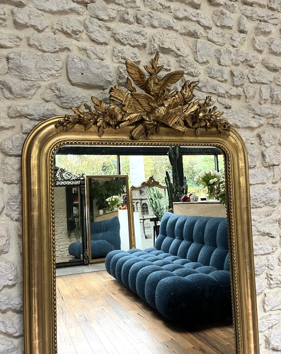 Antique Louis-philippe Mirror, 156.5/83.5cm, With A Pediment Decorated With Birds And Beading, Mantelpiece-photo-2