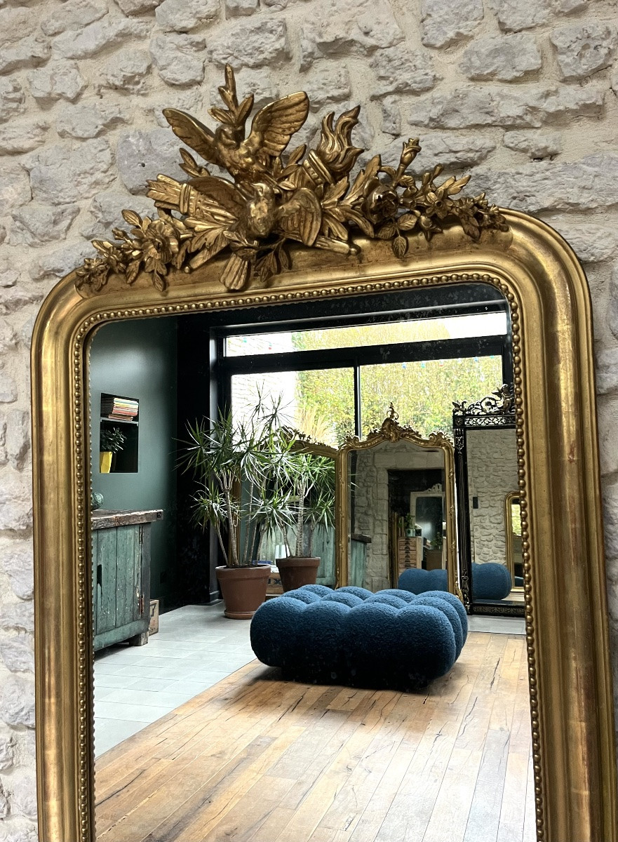 Antique Louis-philippe Mirror, 156.5/83.5cm, With A Pediment Decorated With Birds And Beading, Mantelpiece-photo-4