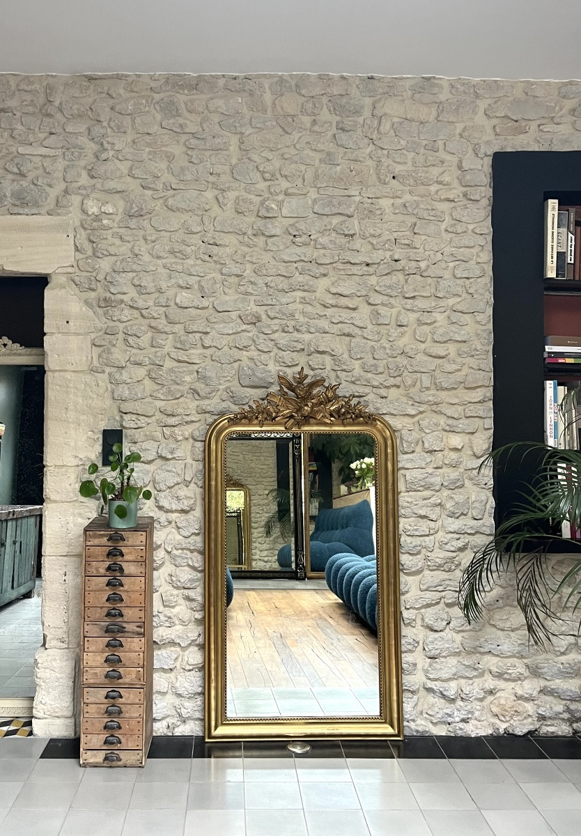 Antique Louis-philippe Mirror, 156.5/83.5cm, With A Pediment Decorated With Birds And Beading, Mantelpiece