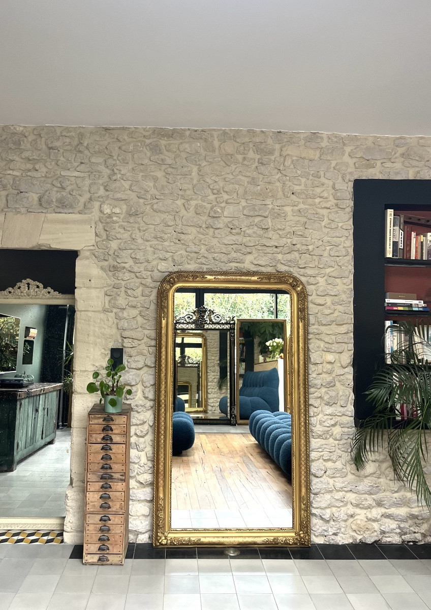 Antique Louis-philippe Mirror, 184/105cm, Beaded And Gilded With Gold Leaf, Geometric Decorations, Trumeau Style-photo-2