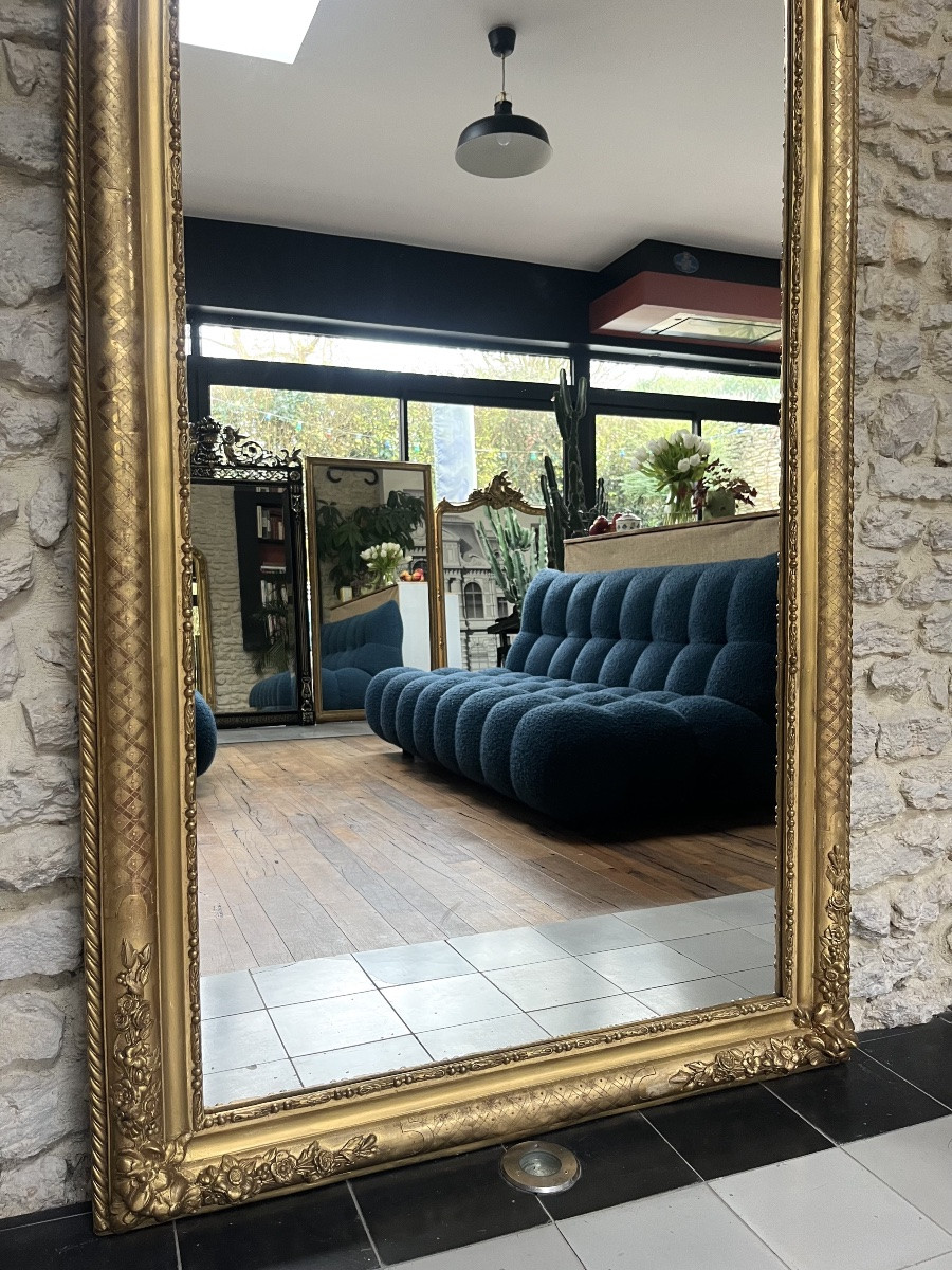 Antique Louis-philippe Mirror, 184/105cm, Beaded And Gilded With Gold Leaf, Geometric Decorations, Trumeau Style-photo-4