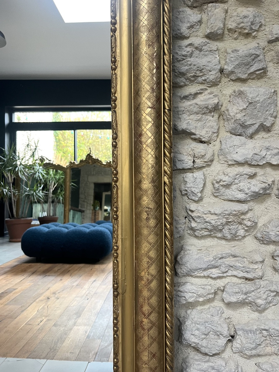 Antique Louis-philippe Mirror, 184/105cm, Beaded And Gilded With Gold Leaf, Geometric Decorations, Trumeau Style-photo-1