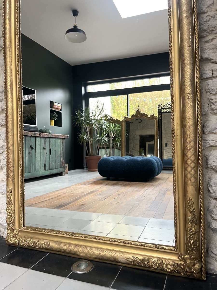 Antique Louis-philippe Mirror, 184/105cm, Beaded And Gilded With Gold Leaf, Geometric Decorations, Trumeau Style-photo-3