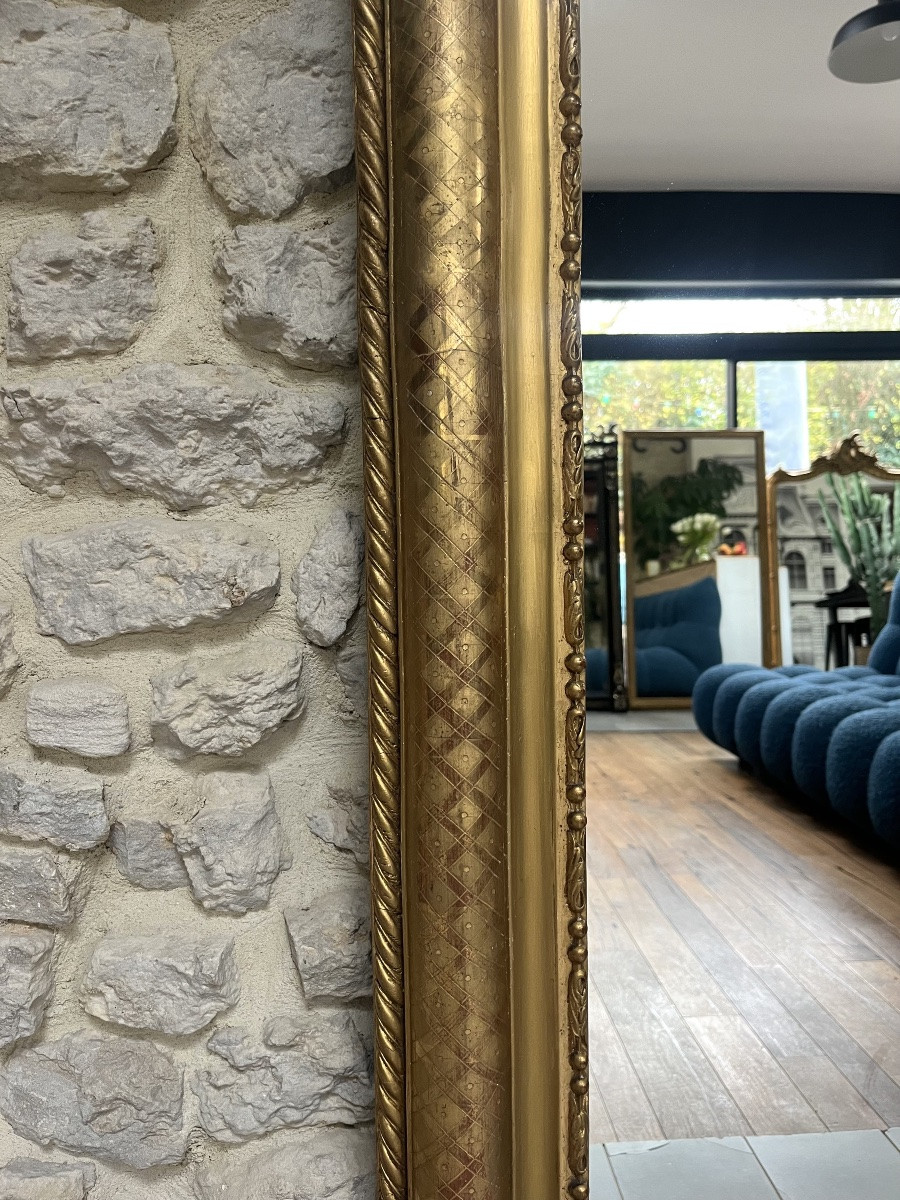 Antique Louis-philippe Mirror, 184/105cm, Beaded And Gilded With Gold Leaf, Geometric Decorations, Trumeau Style-photo-4