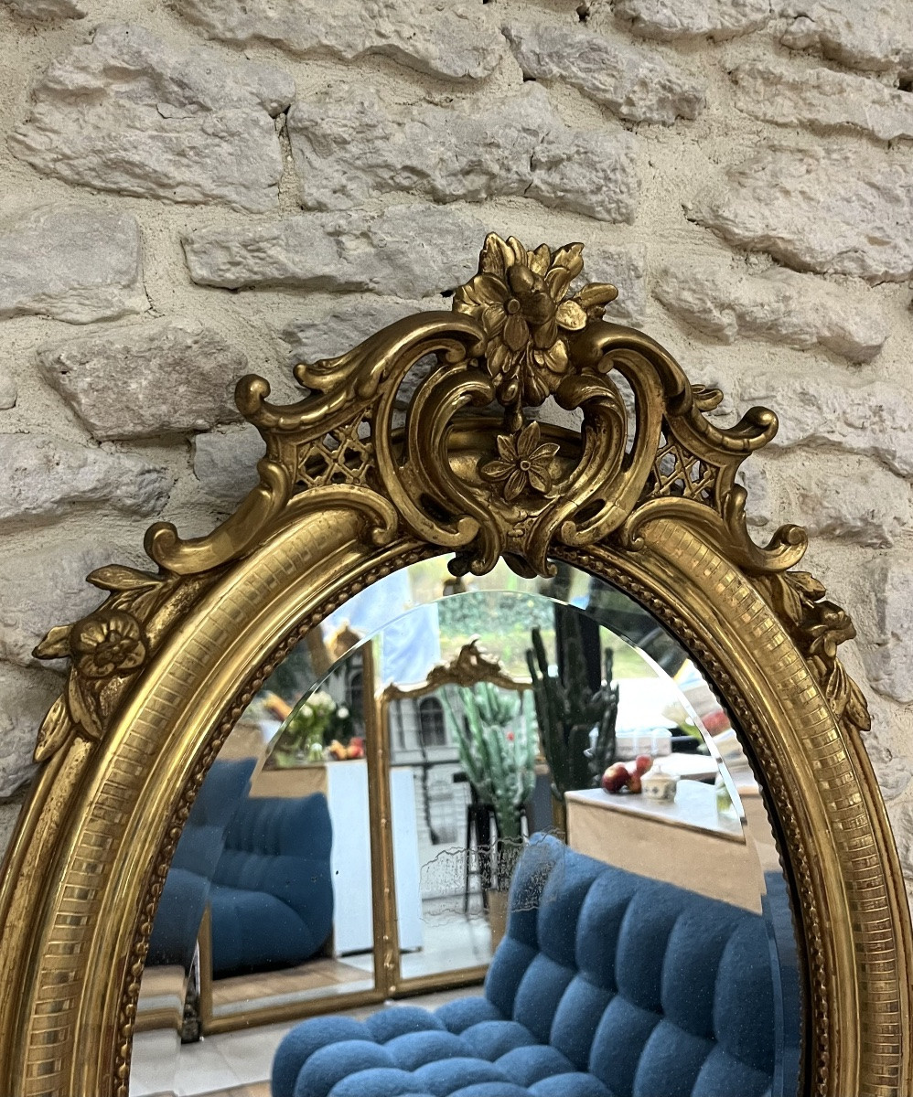 Antique Oval Mirror, 70/49.5cm, With A Pediment And Gilded Beading, Featuring Geometric Designs.-photo-3