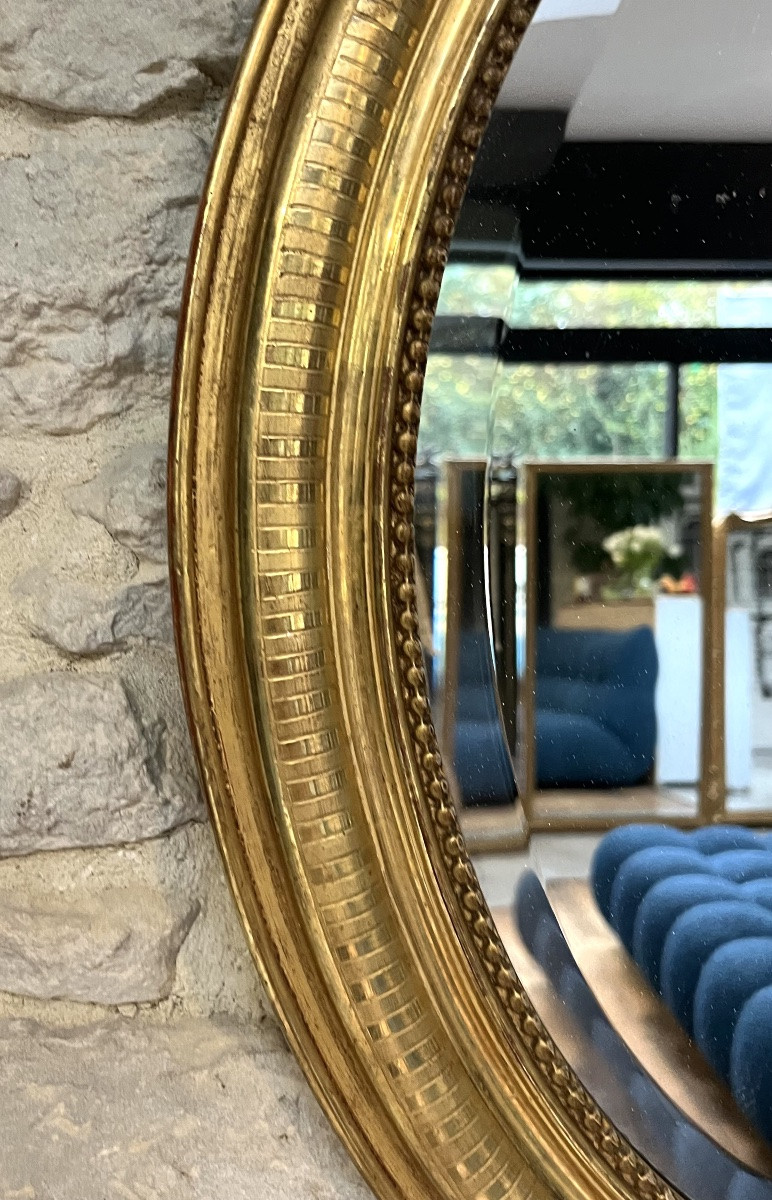 Antique Oval Mirror, 70/49.5cm, With A Pediment And Gilded Beading, Featuring Geometric Designs.-photo-5
