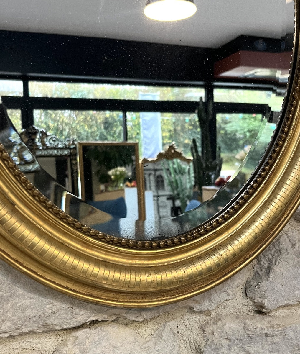 Antique Oval Mirror, 70/49.5cm, With A Pediment And Gilded Beading, Featuring Geometric Designs.-photo-6