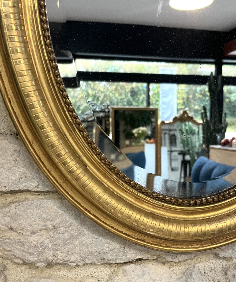 Antique Oval Mirror, 70/49.5cm, With A Pediment And Gilded Beading, Featuring Geometric Designs.-photo-7