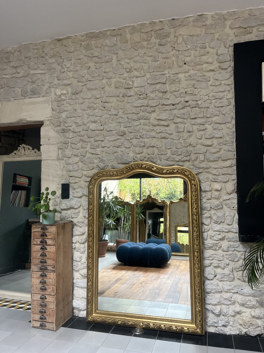 Miroir ancien 149/107,5cm Louis-Philippe forme chapeau de gendarme et perlé patine ancienne -photo-2