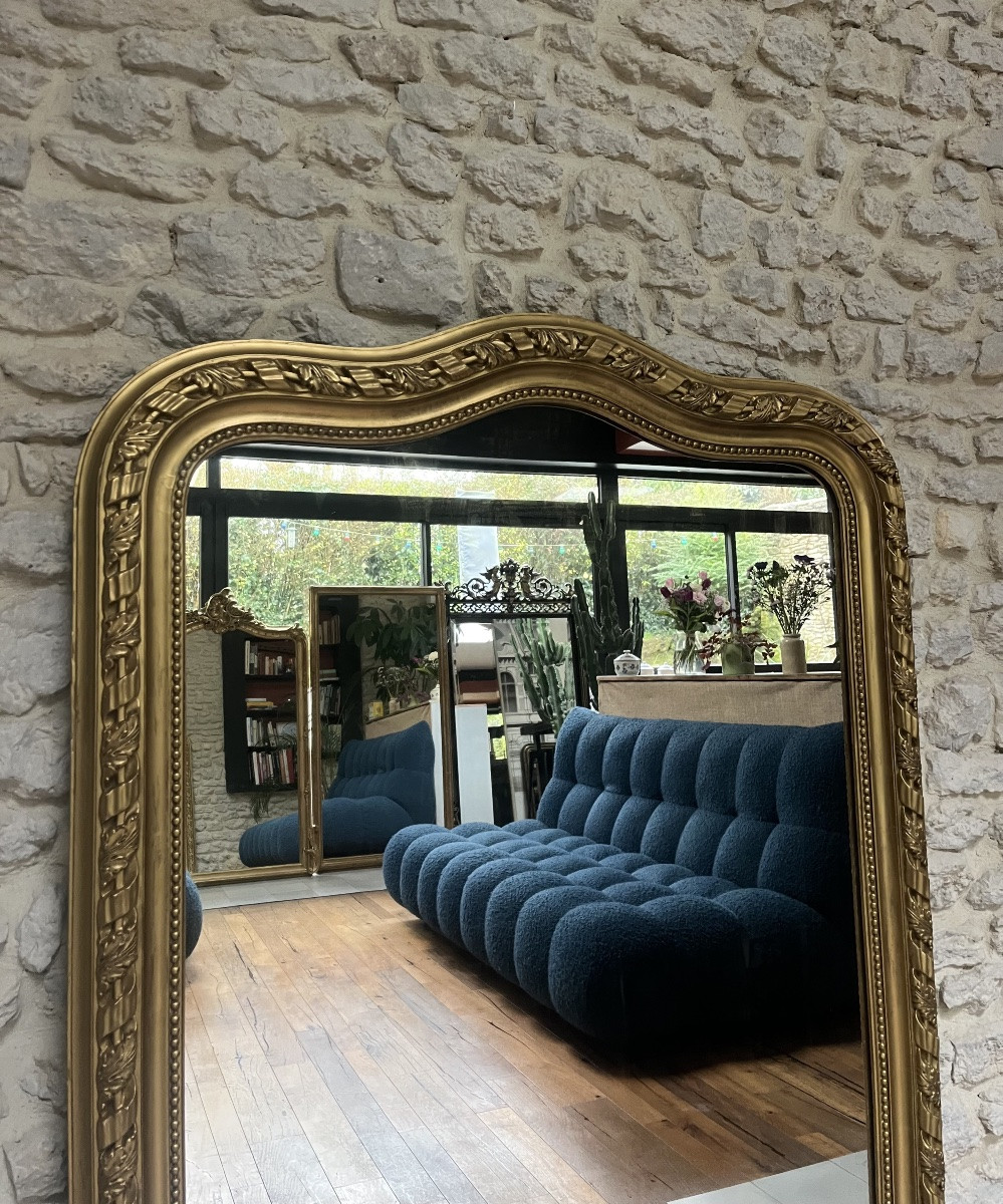 Miroir ancien 149/107,5cm Louis-Philippe forme chapeau de gendarme et perlé patine ancienne -photo-3