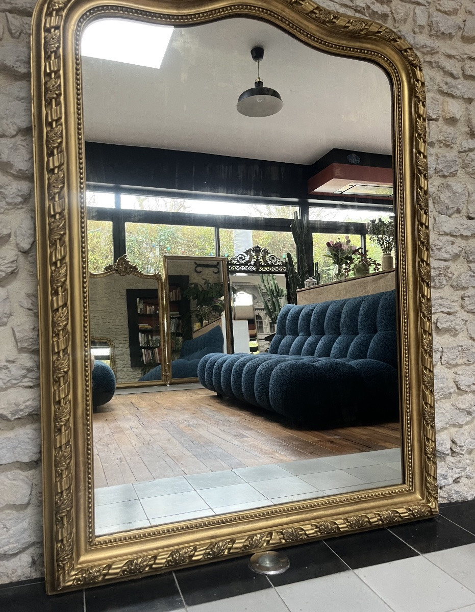 Miroir ancien 149/107,5cm Louis-Philippe forme chapeau de gendarme et perlé patine ancienne -photo-4