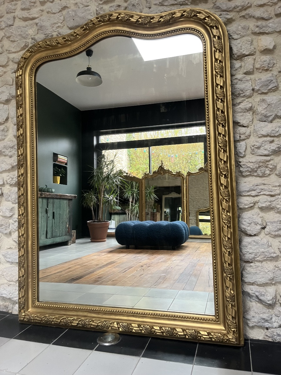 Miroir ancien 149/107,5cm Louis-Philippe forme chapeau de gendarme et perlé patine ancienne -photo-1