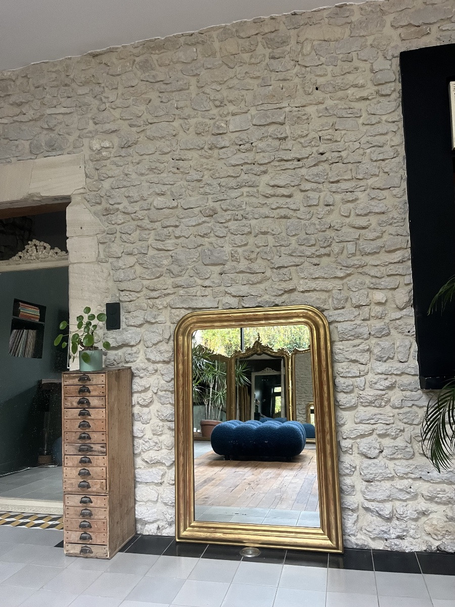 Antique Mirror 122.5/86.5cm Louis-philippe Style, Gilded With Mercury Gold Leaf, Fireplace Mantel -photo-1