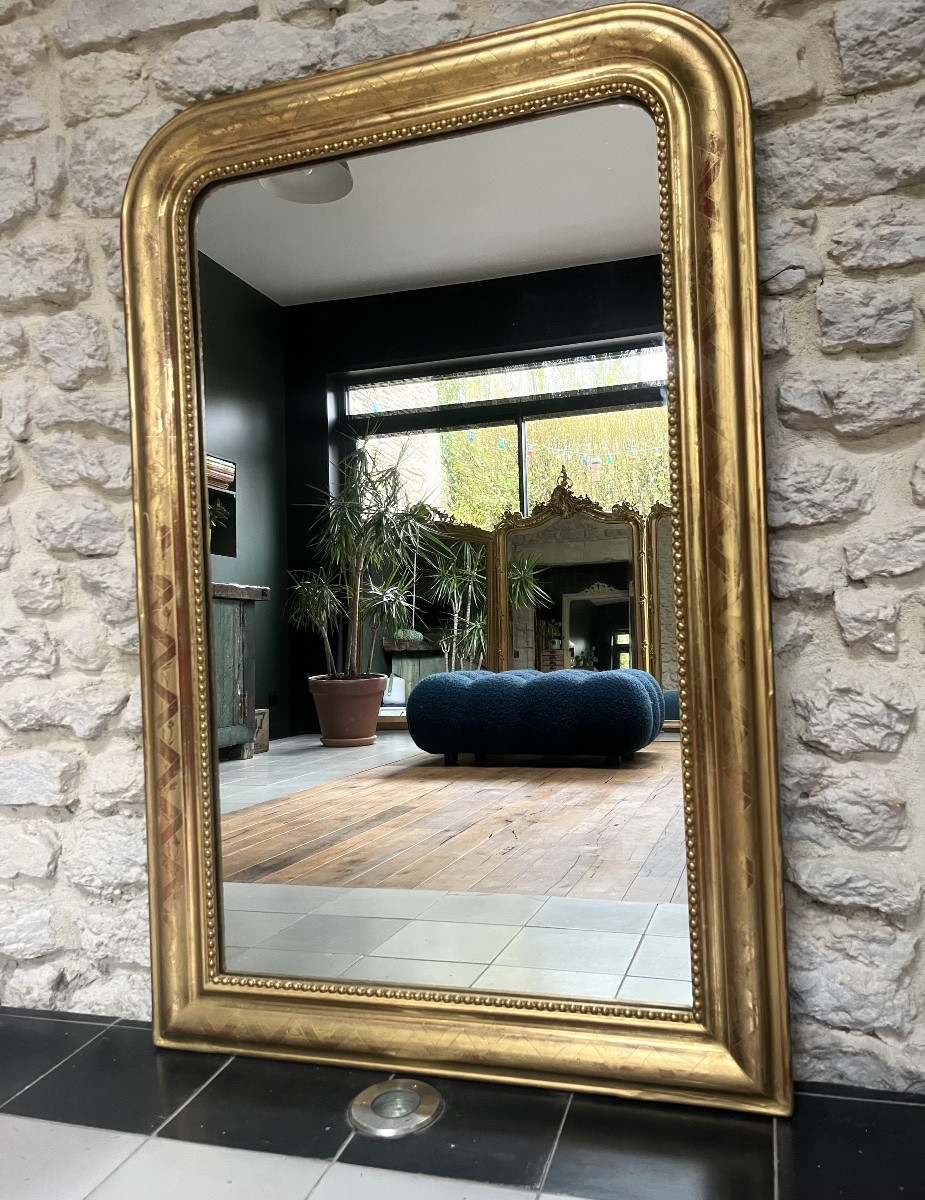 Antique Mirror 113/73.5cm Louis-philippe Style, Beaded And Gilded With Gold Leaf, Geometric Decoration-photo-1