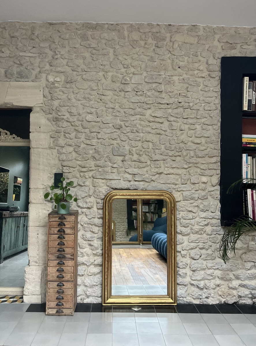 Antique Mirror 113/73.5cm Louis-philippe Style, Beaded And Gilded With Gold Leaf, Geometric Decoration