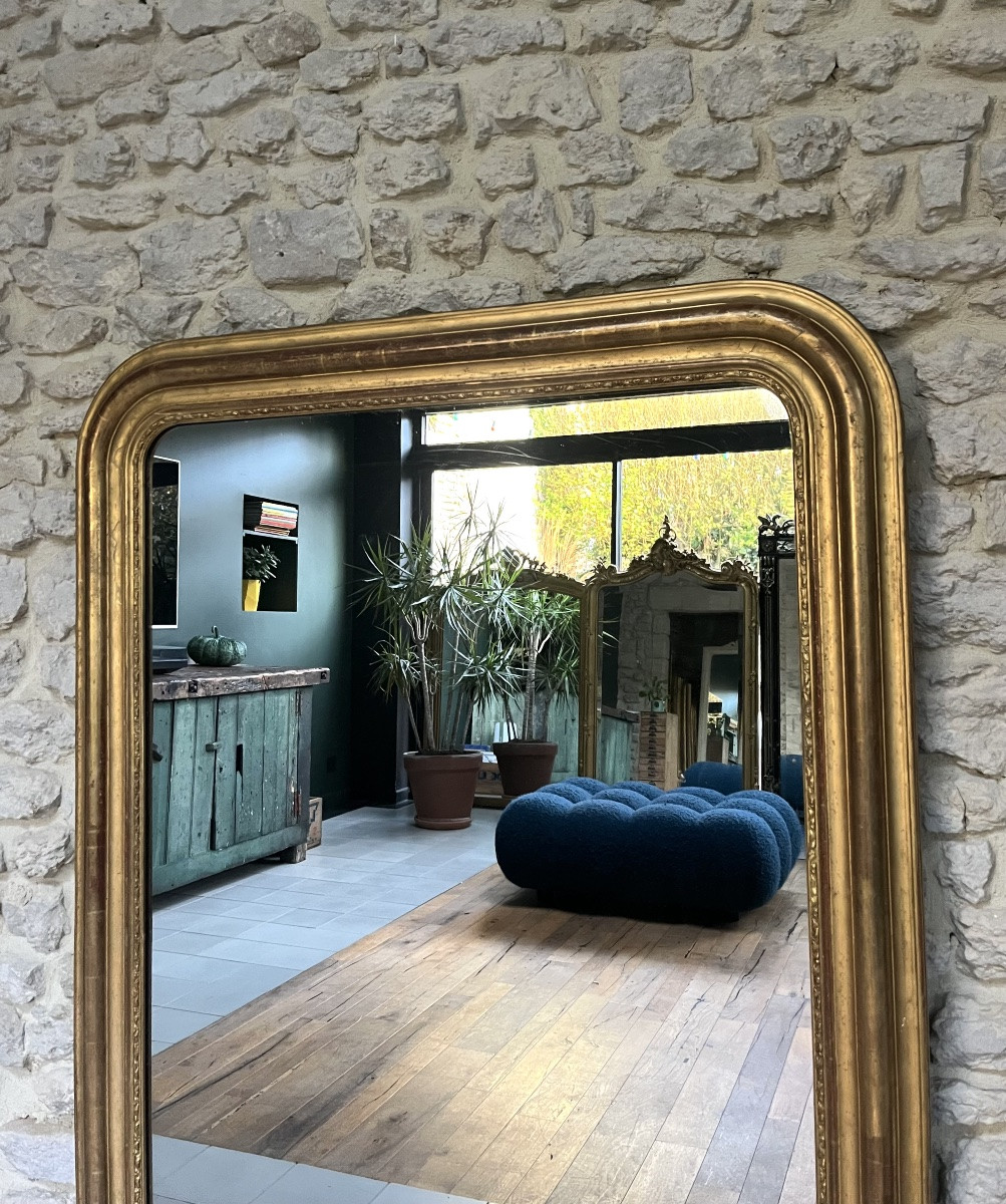 Miroir ancien 142/102cm Louis-Philippe doré à la feuille d’or, trumeau cheminée glace mercure-photo-3